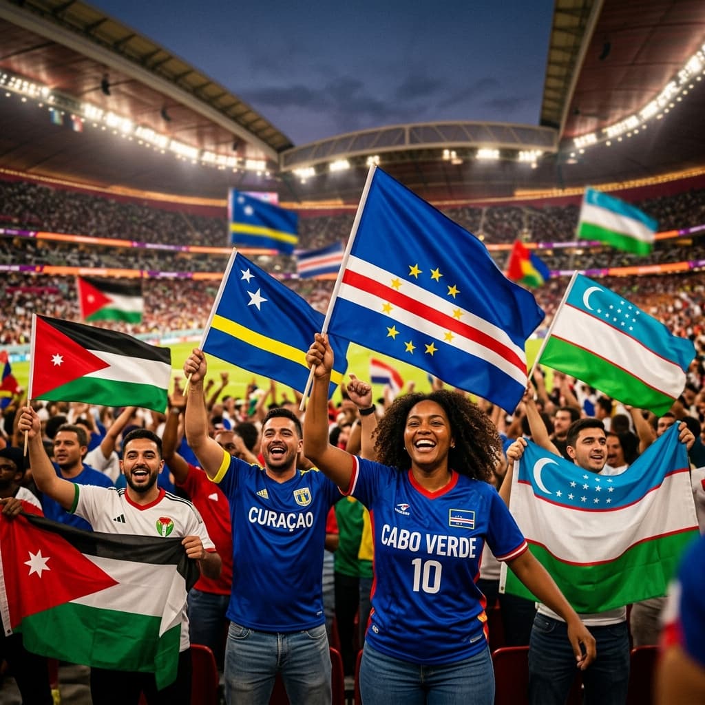 Fans celebrating with flags from Cape Verde, Curacao, Jordan, and Uzbekistan in a stadium